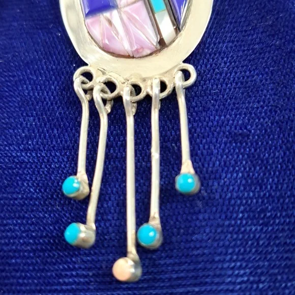 Vintage Native American Multi Stone On Sterling Silver Dangle Earrings Post - Picture 7 of 16